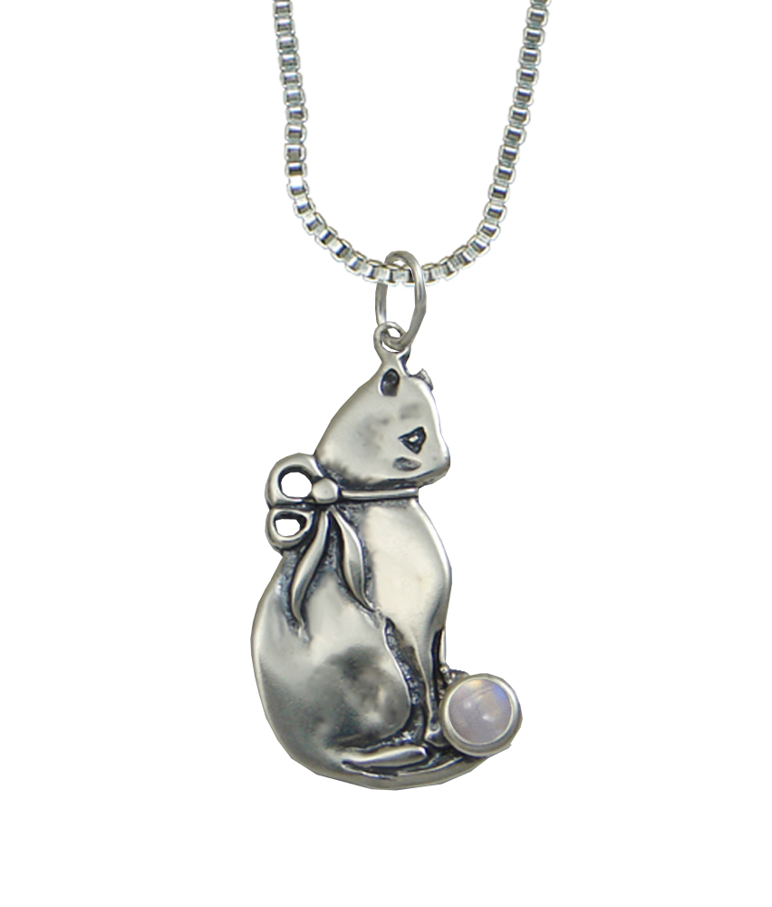 Sterling Silver Bowed Kitty Pendant With Rainbow Moonstone